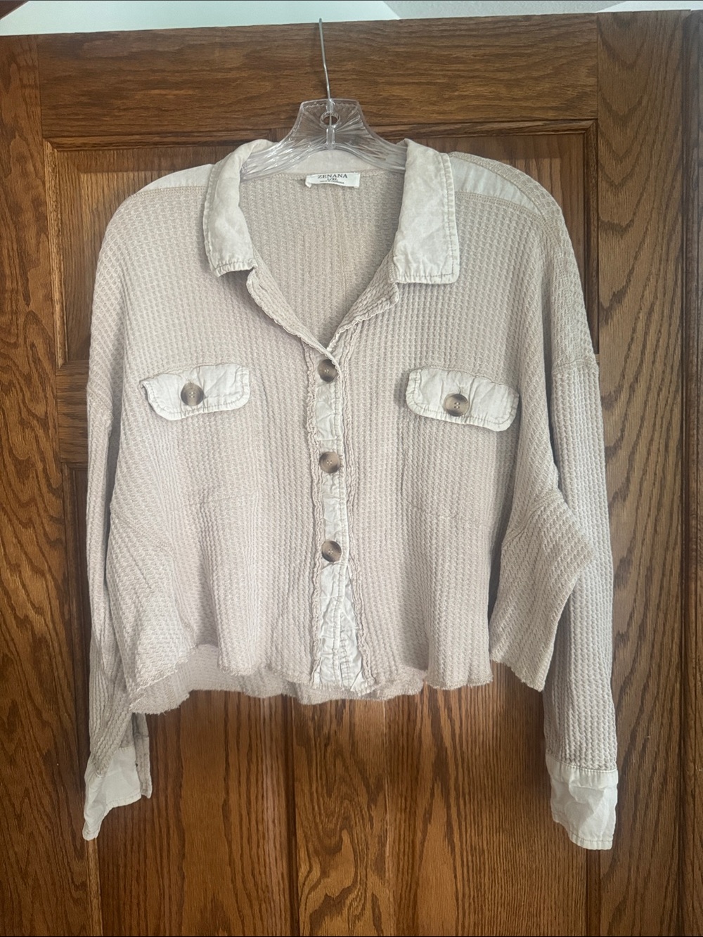 Zenana Outfitters Beige Waffle-Knit Button-Front Shirt